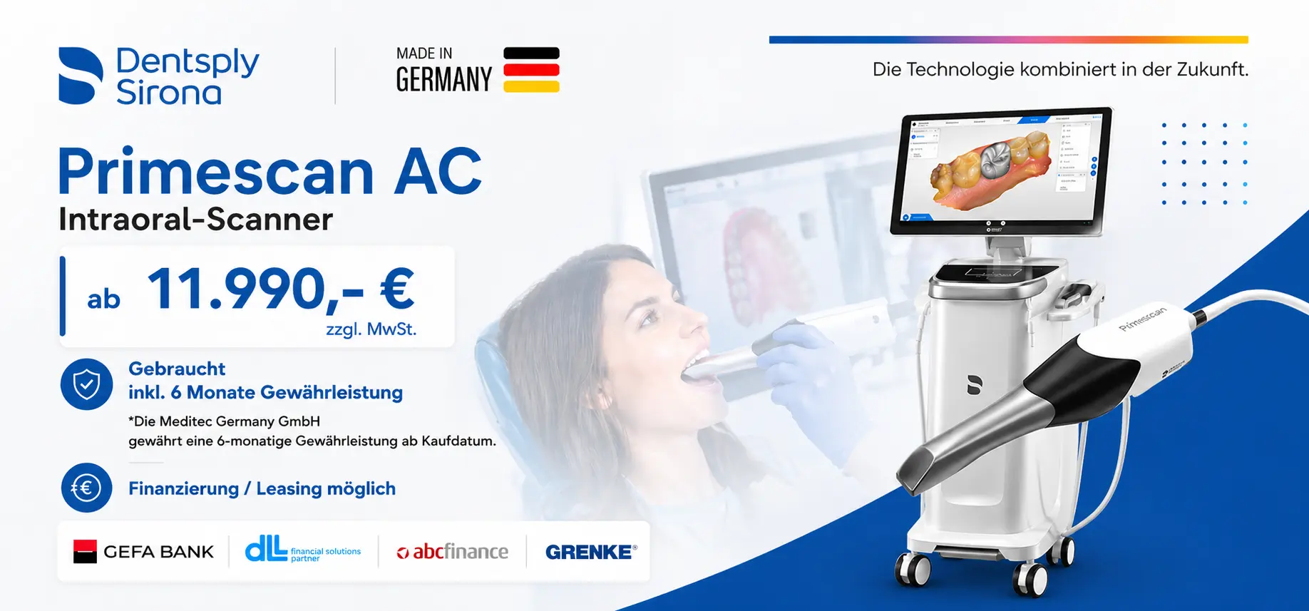 Dentsply Sirona Primescan AC Intraoral-Scanner auf fahrbarer Acquisition Center Einheit mit Touchscreen und 3D-Scan der Zähne, im Hintergrund wird eine Patientin gescannt