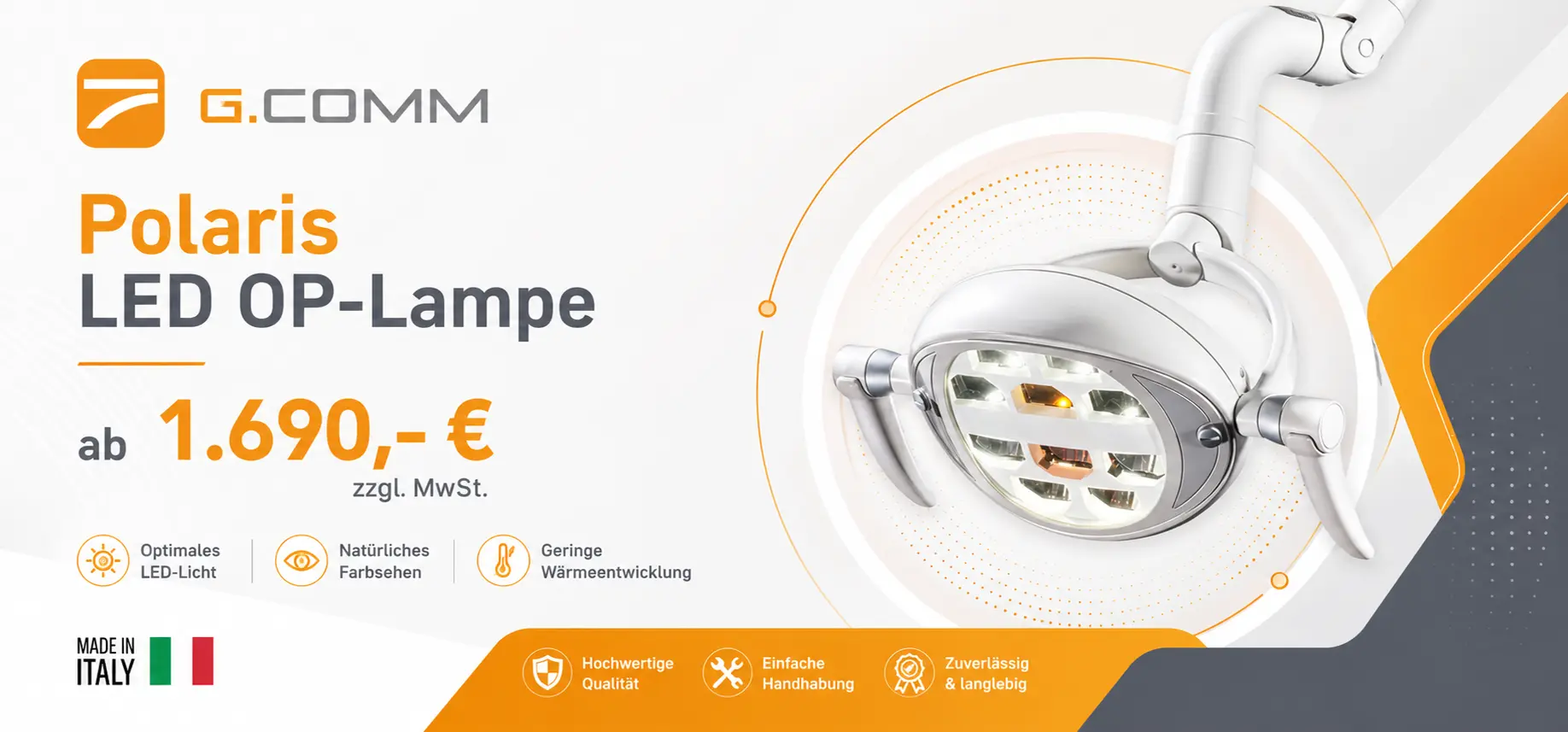 G.COMM Polaris LED OP-Lampe in Weiß mit Schwenkarm, Multi-LED-Reflektor und zwei seitlichen Griffen zur Positionierung über dem Behandlungsstuhl