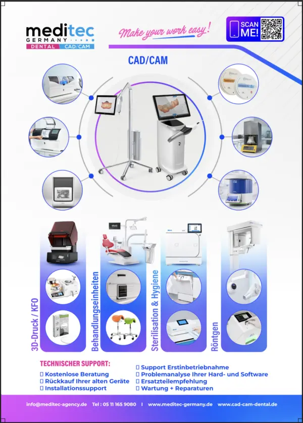 Produktübersicht von Meditec Germany mit Intraoralscannern, Fräsmaschinen, Zirkonronden, 3D-Drucker, Behandlungseinheit, Autoklav und Röntgengerät sowie Liste der technischen Supportleistungen