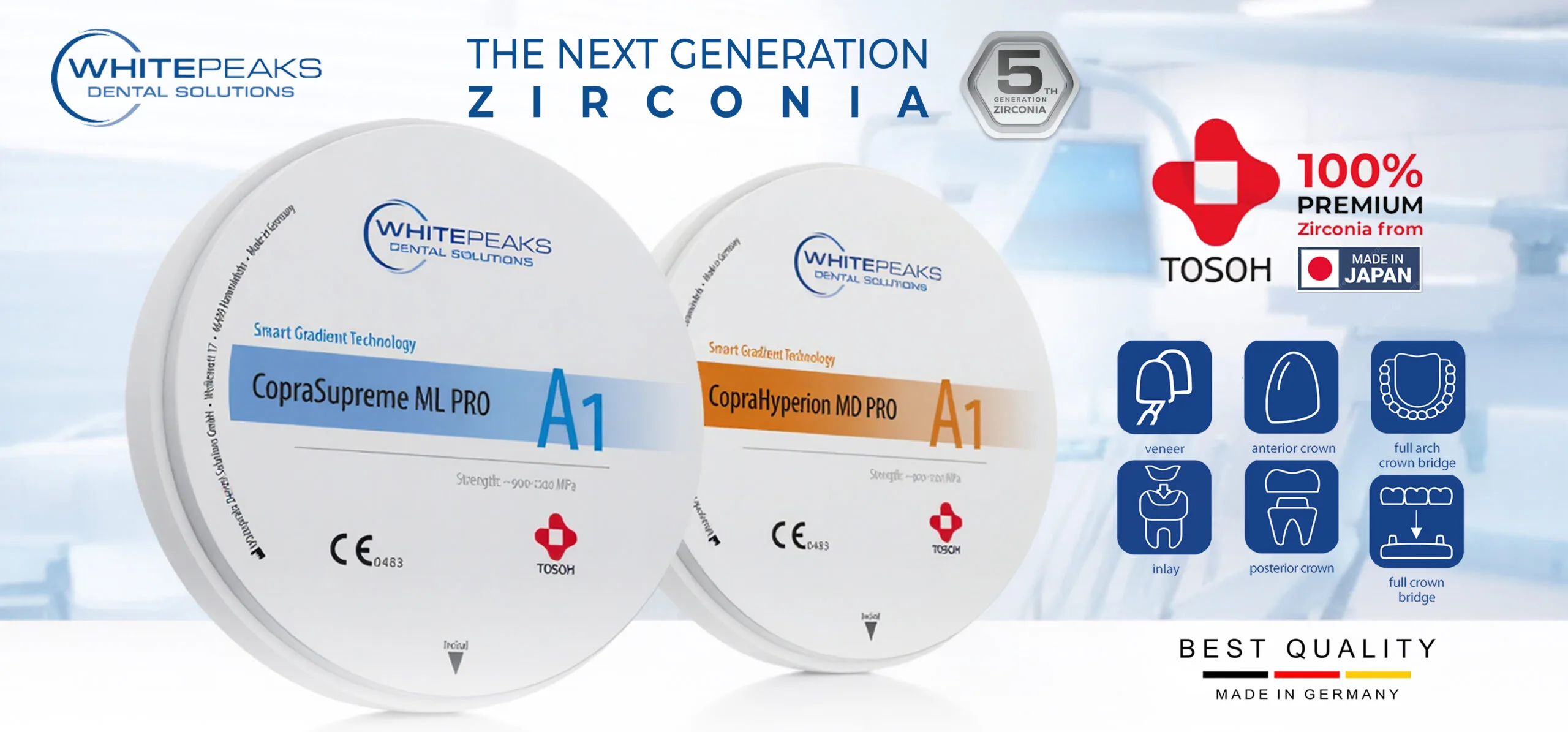 Zwei Whitepeaks Zirkonoxid-Ronden in Farbe A1 – CopraSupreme ML PRO und CopraHyperion MD PRO – mit Smart Gradient Technology, daneben Icons für Veneer, Krone, Inlay und Brücke